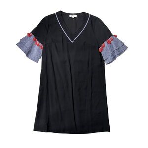 THML Womens XS Black Dress Bell‎ Ruffle Blue Sleeve with Coral Tassels EUC